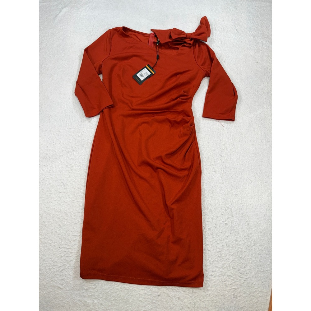 Miusol Rust Red Bow Shoulder Ruched Sheath Midi Dress M9513 L